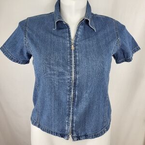 Bill Blass Jeans Zip Blue Denim SHIRT Womens Size PM Petite Medium Short Sleeve